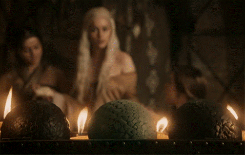Daenerys Targaryen looking over the dragon eggs, GOT Season 1